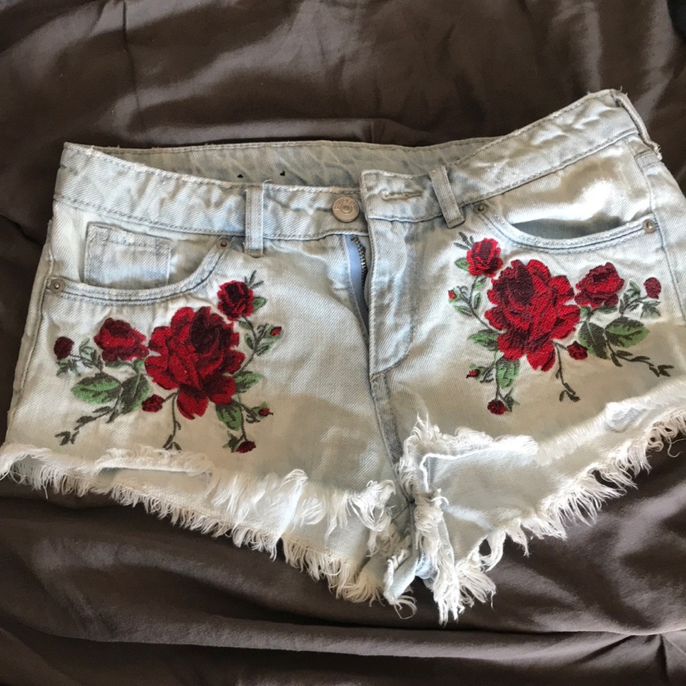 Red rose embroidered jean shorts